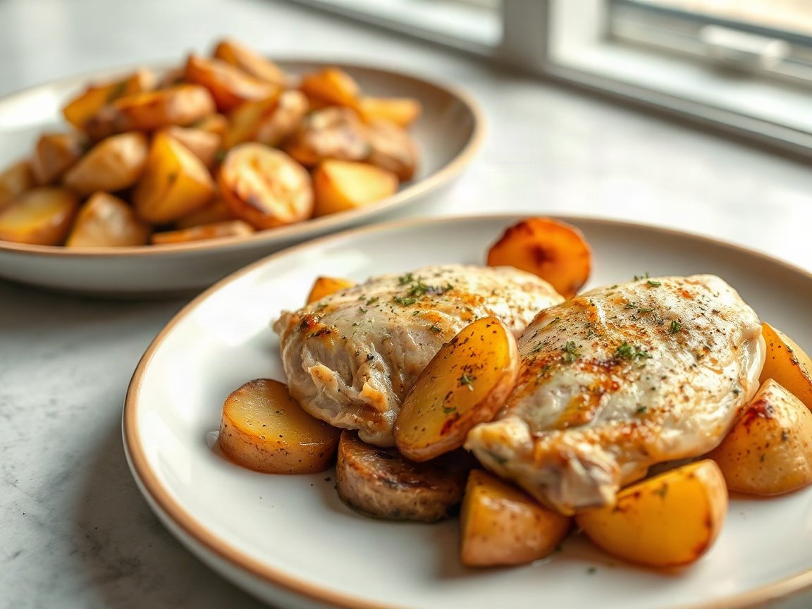 Sheet Pan Chicken and Potatoes for Two 5 Sheet Pan Chicken and Potatoes plated as two servings, close-up