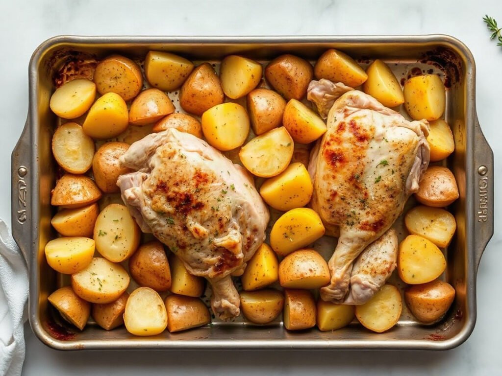 Sheet Pan Chicken and Potatoes, fully cooked and ready to serve for two
