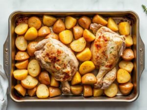 Sheet Pan Chicken and Potatoes, fully cooked and ready to serve for two
