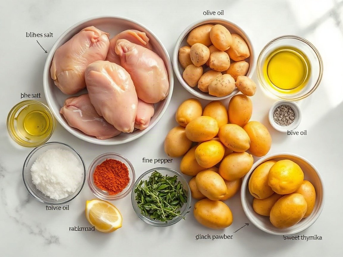 Sheet Pan Chicken and Potatoes for Two 4 Ingredients for Sheet Pan Chicken and Potatoes: boneless skinless chicken thighs, baby yellow potatoes, olive oil, fine salt, black pepper, garlic powder, sweet paprika, dried thyme and lemon wedges