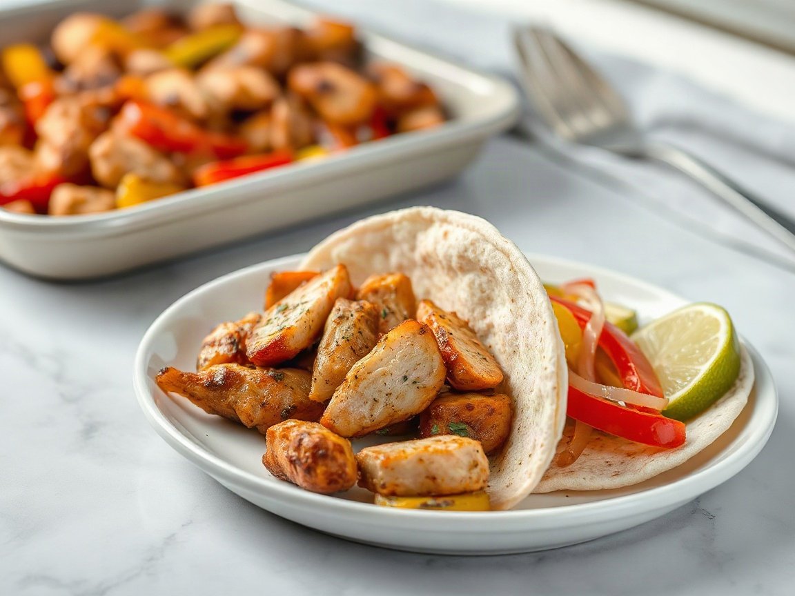 Sheet Pan Chicken Fajitas for Two 5 Sheet Pan Chicken Fajitas plated as two servings, close-up