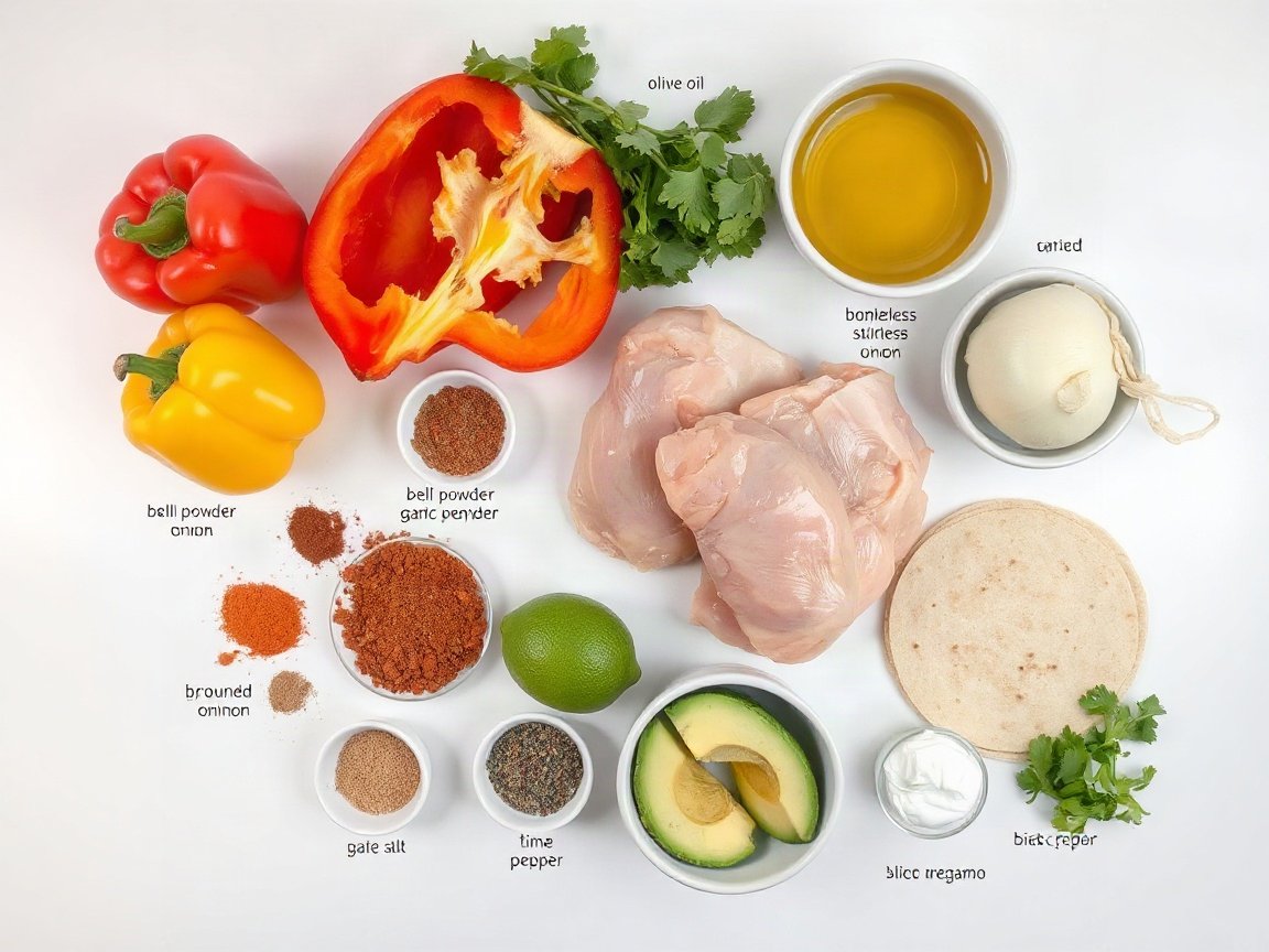 Sheet Pan Chicken Fajitas for Two 4 Ingredients for Sheet Pan Chicken Fajitas: boneless skinless chicken breast, bell peppers, yellow onion, olive oil, chili powder, ground cumin, garlic powder, paprika, dried oregano, fine salt, black pepper, lime, small flour tortillas and sour cream, sliced avocado and cilantro