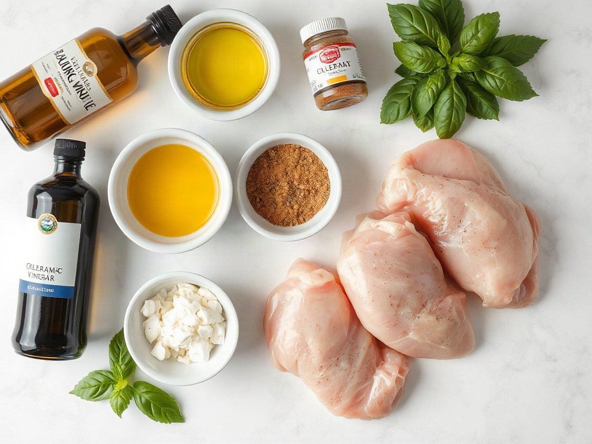 Ingredients for Simple Grilled Chicken Marinade: olive oil, balsamic vinegar, lemon juice, Dijon mustard, brown sugar, fine salt, garlic powder, dried basil, paprika, black pepper and boneless skinless chicken breasts