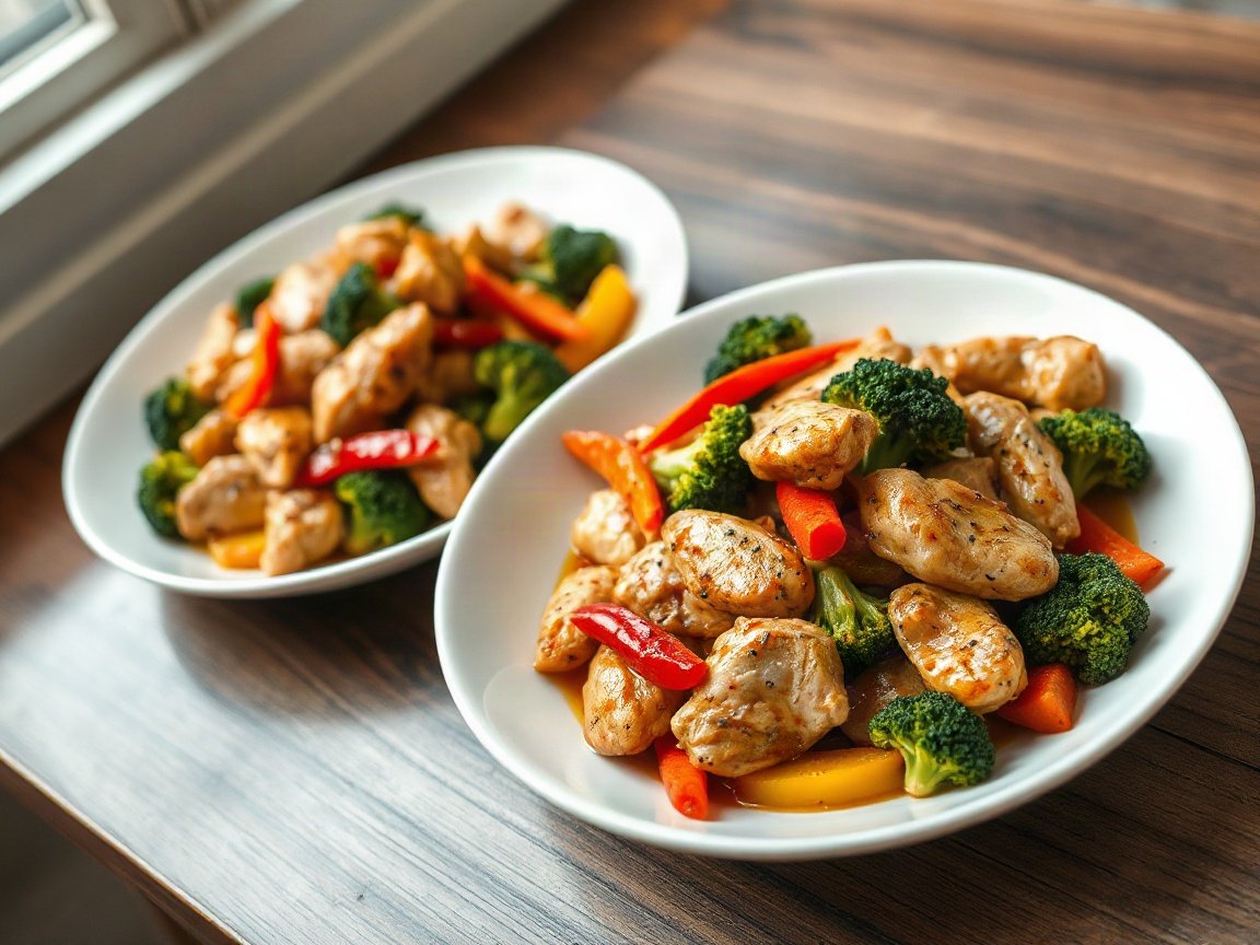 Simple Stir Fry Recipe for Two (Chicken and Vegetables) 5 Simple Chicken Stir Fry plated as two servings, close-up