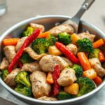 Simple Stir Fry Recipe for Two (Chicken and Vegetables) 6 Simple Chicken Stir Fry, fully cooked and ready to serve for two