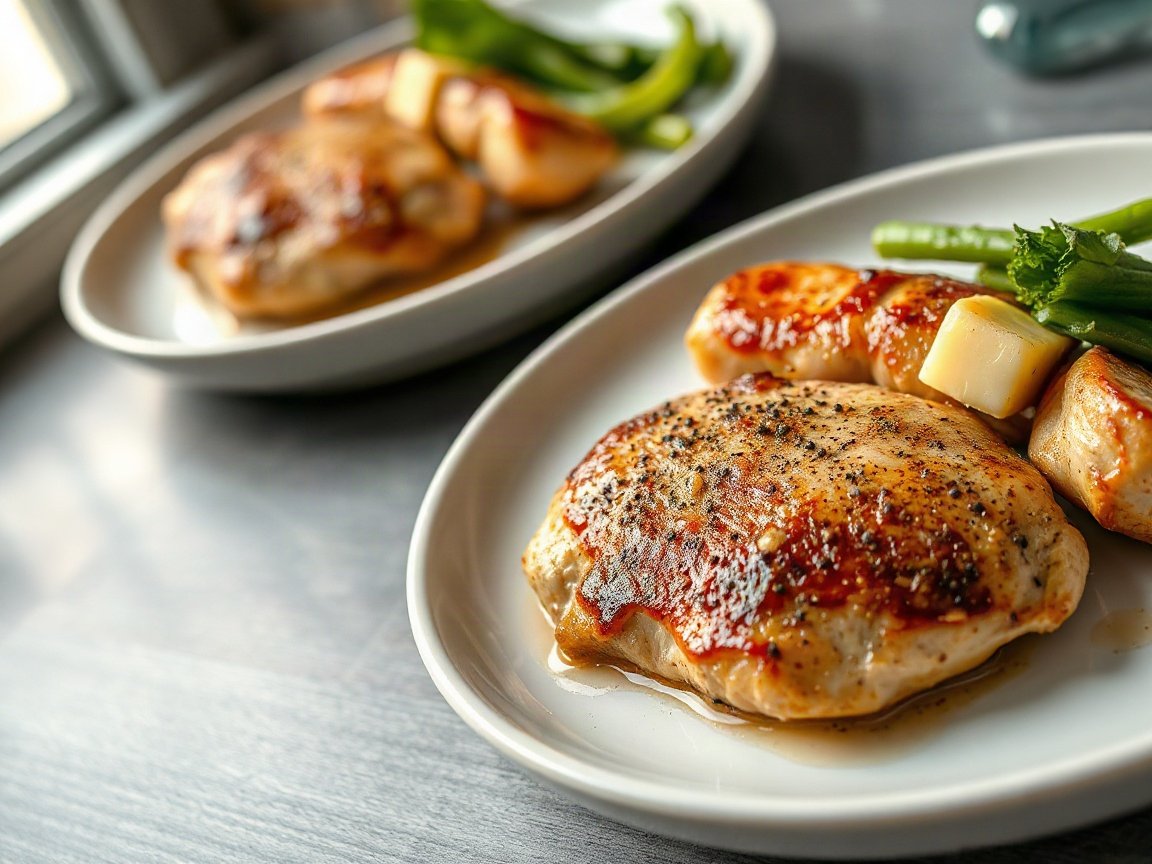 Skillet Chicken Breast for Two (Juicy, 30 Minutes) 5 Skillet Chicken Breast plated as two servings, close-up