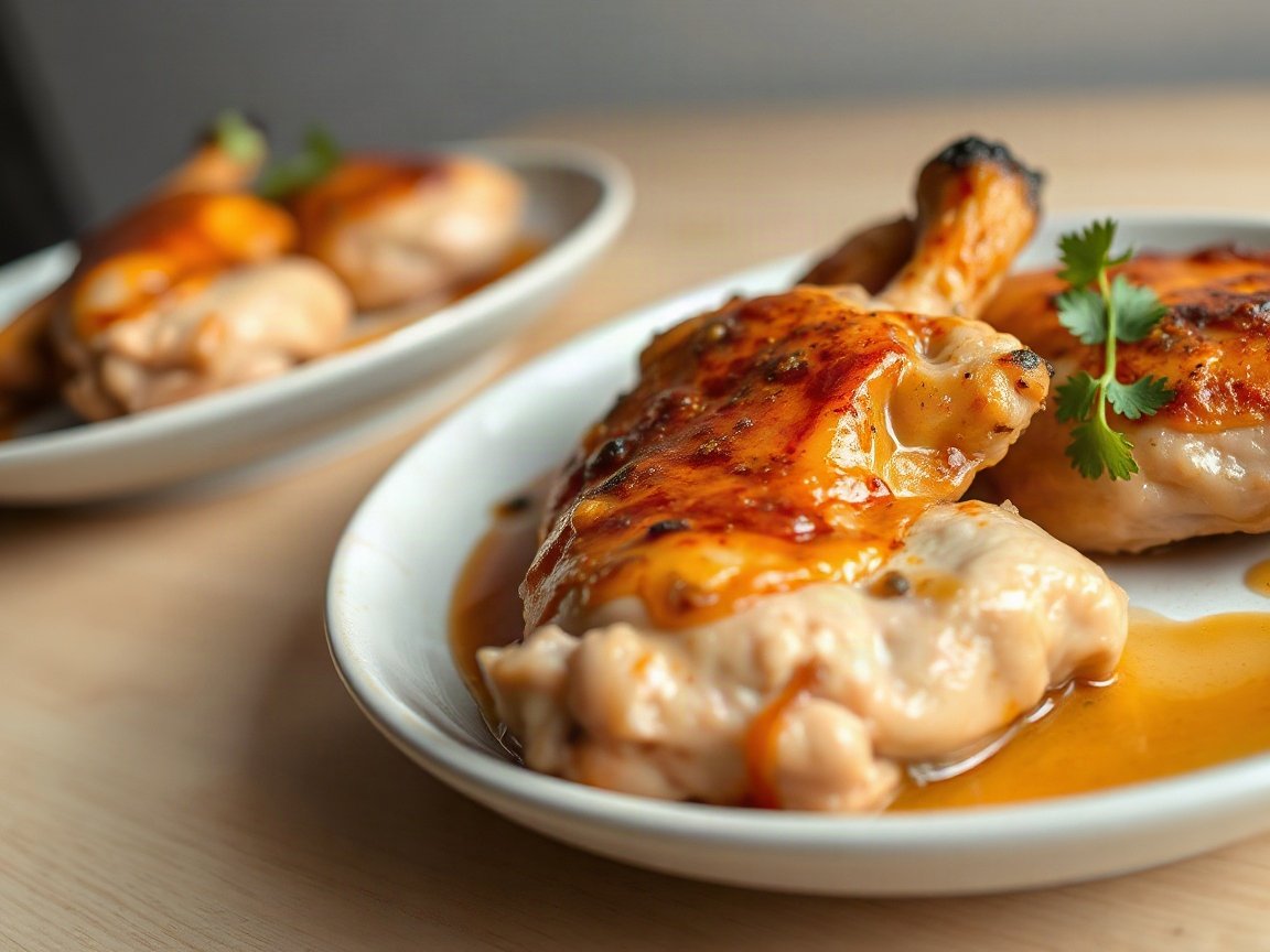 Skillet Chicken Thighs for Two with Garlic Pan Sauce 5 Skillet Chicken Thighs for Two with Garlic Pan Sauce plated as two servings, close-up