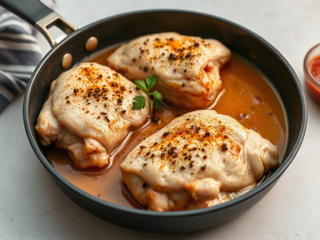 Skillet Chicken Thighs for Two with Garlic Pan Sauce, fully cooked and ready to serve for two
