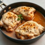 Skillet Chicken Thighs for Two with Garlic Pan Sauce 6 Skillet Chicken Thighs for Two with Garlic Pan Sauce, fully cooked and ready to serve for two