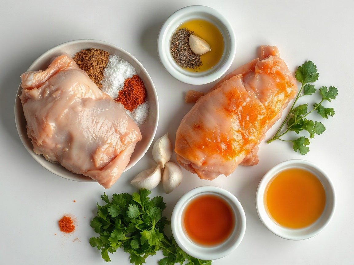 Skillet Chicken Thighs for Two with Garlic Pan Sauce 4 Ingredients for Skillet Chicken Thighs for Two with Garlic Pan Sauce: chicken thighs, onion powder, ground cumin, paprika, salt, black pepper, olive oil, garlic, chicken broth and parsley