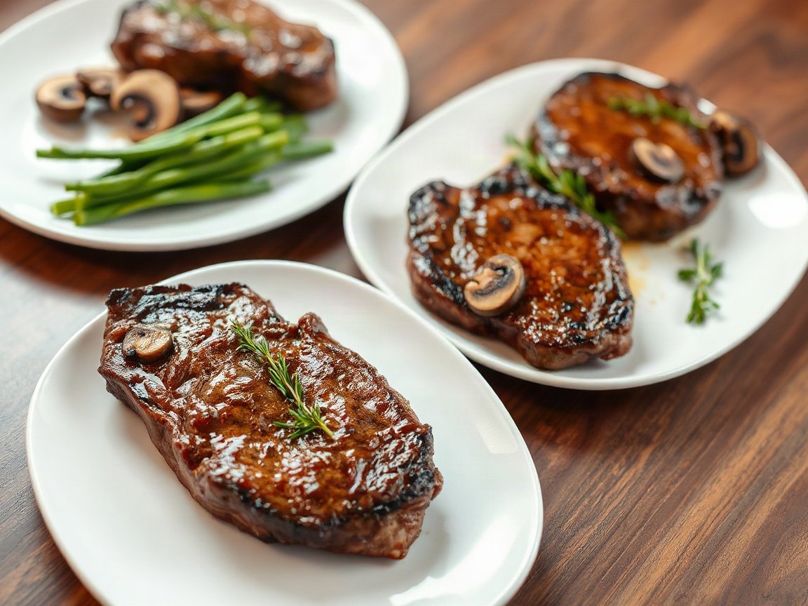 Steak Dinner for Two with Garlic Butter Mushrooms plated as two servings, close-up