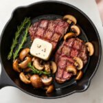 Steak Dinner for Two with Garlic Butter Mushrooms, fully cooked and ready to serve for two
