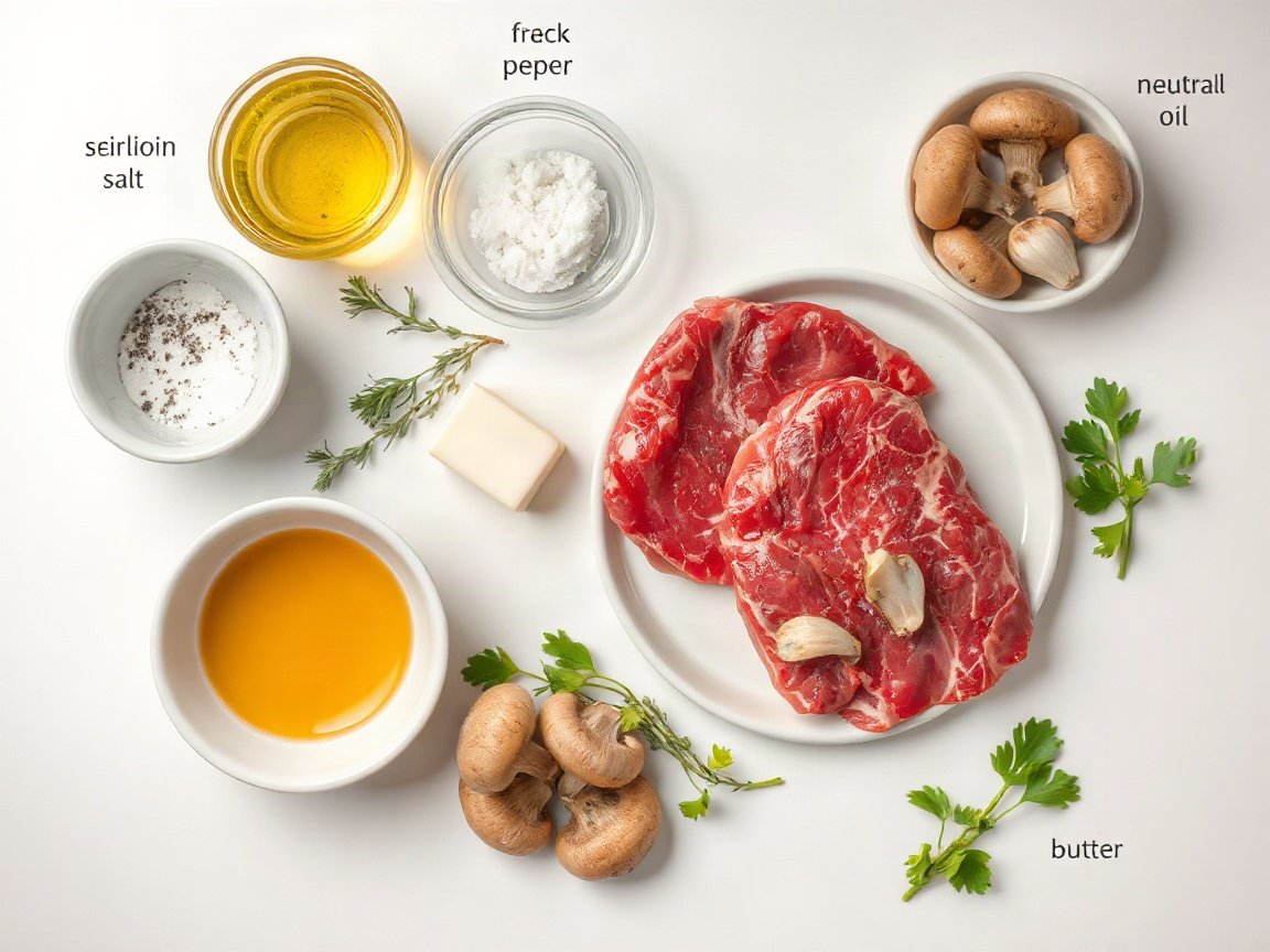 Ingredients for Steak Dinner for Two with Garlic Butter Mushrooms: top sirloin steaks, fine salt, black pepper, neutral oil, unsalted butter, garlic cloves, fresh thyme, cremini mushrooms and fresh parsley