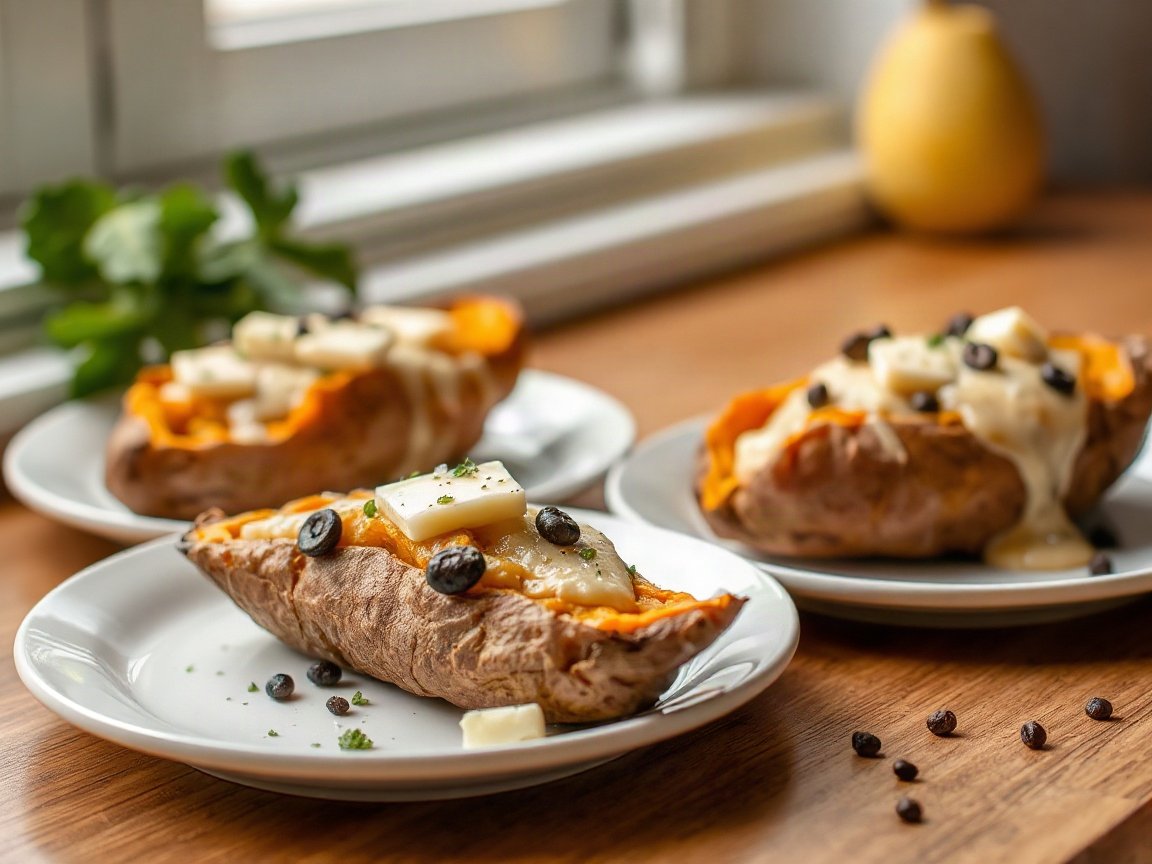 Sweet Potato with Cheese: Viral Stuffed Potatoes for Two 5 Cheese-Stuffed Sweet Potatoes plated as two servings, close-up