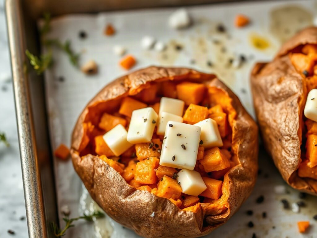 Cheese-Stuffed Sweet Potatoes, fully cooked and ready to serve for two