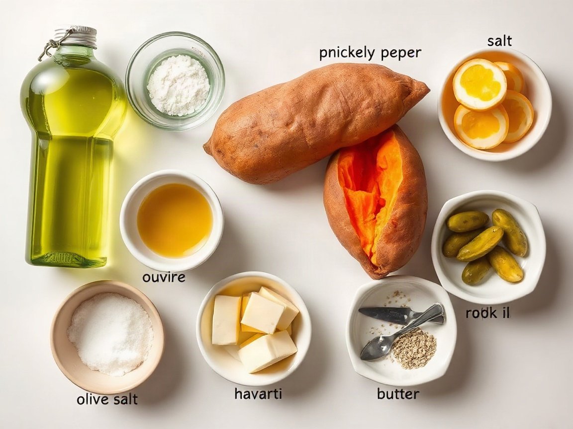 Sweet Potato with Cheese: Viral Stuffed Potatoes for Two 4 Ingredients for Cheese-Stuffed Sweet Potatoes: sweet potatoes, olive oil, kosher salt, Havarti cheese, butter, flaky sea salt and black pepper and pickles