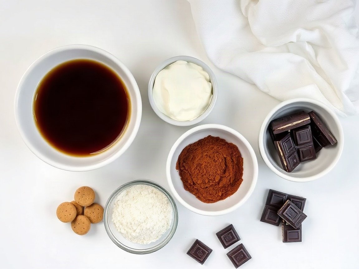 Ingredients for Yogurt Tiramisu: coffee, Greek yogurt, maple syrup, vanilla extract, speculoos cookies, cocoa powder and dark chocolate