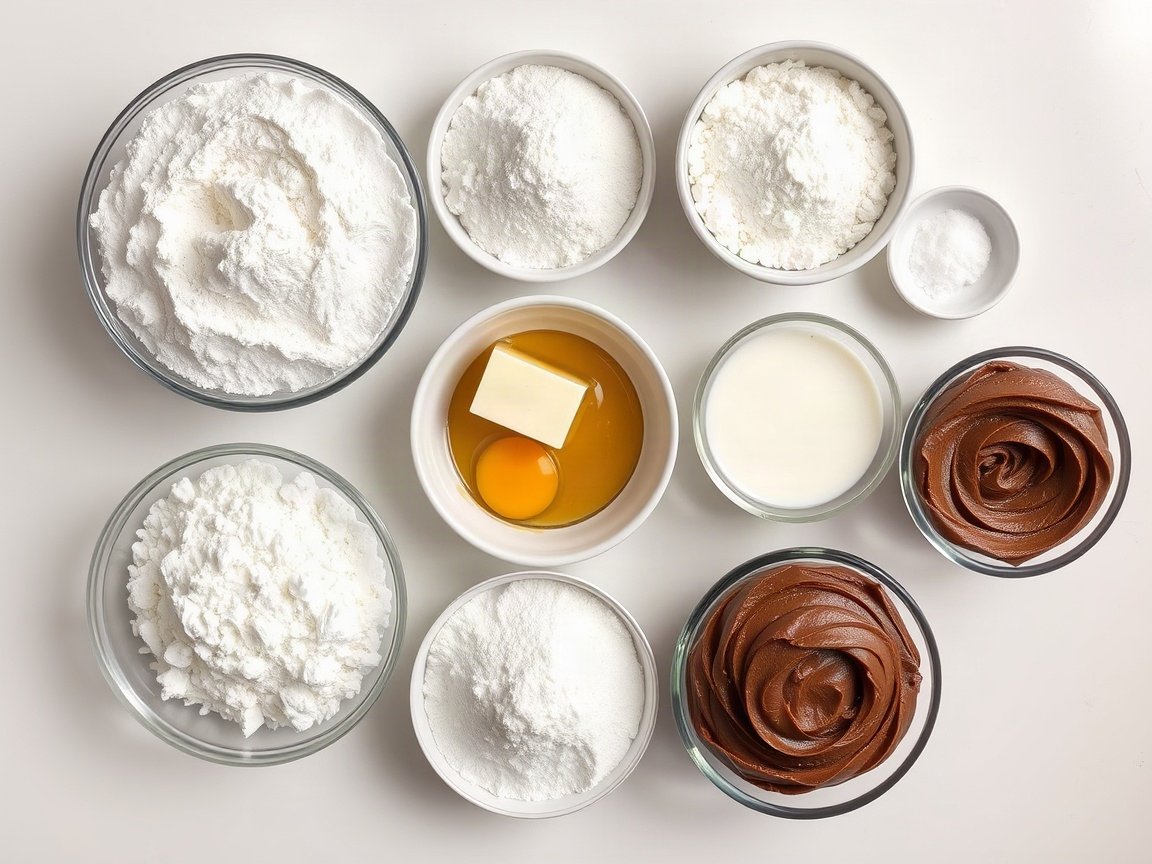 Ingredients for 6-Inch Vanilla Cake with Chocolate Frosting: all-purpose flour, baking powder, salt, unsalted butter, softened, granulated sugar, egg, vanilla extract, whole milk, unsalted butter for the frosting, powdered sugar, unsweetened cocoa powder, whole milk for the frosting, vanilla extract for the frosting and salt for the frosting
