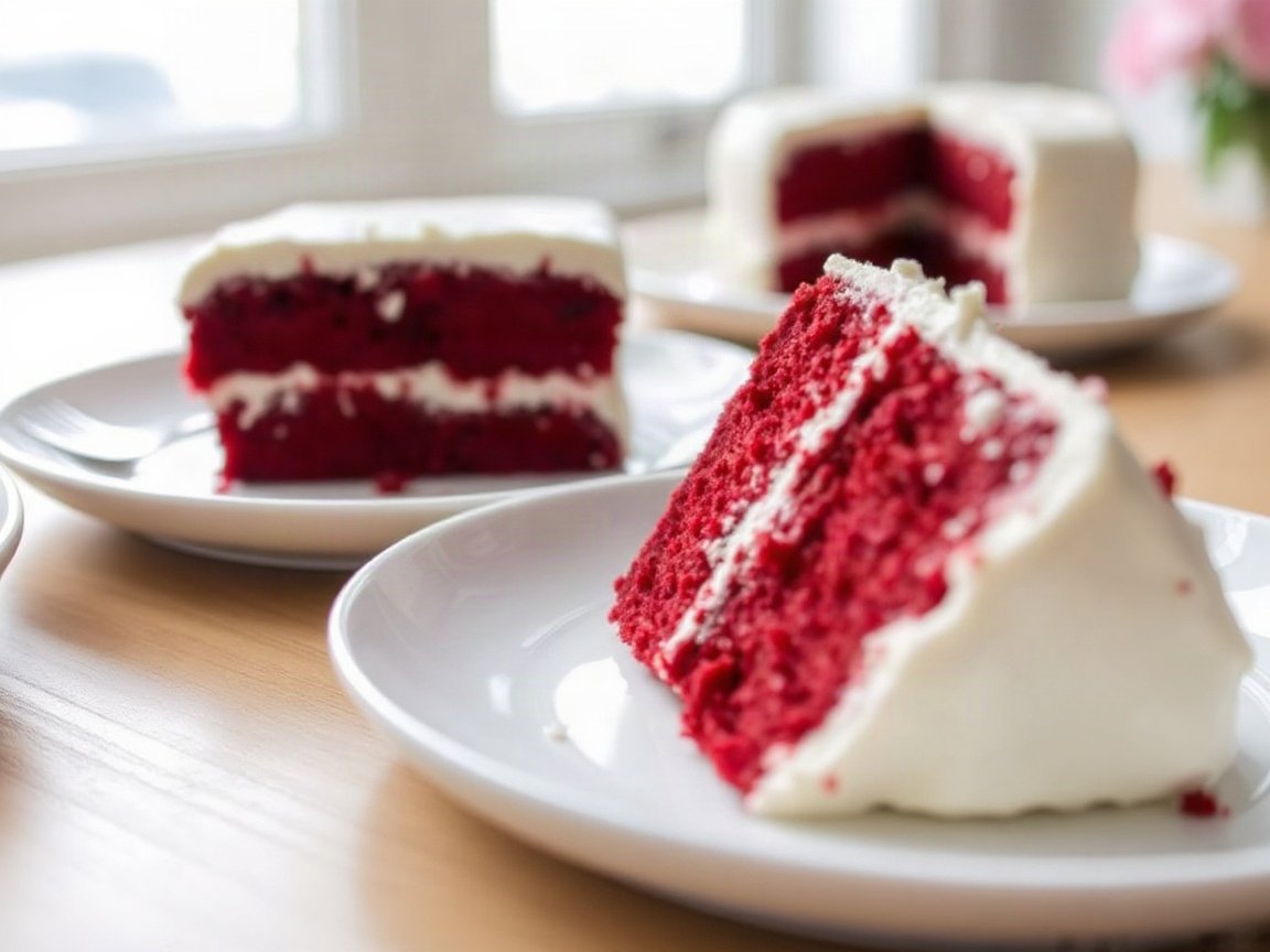 6 Inch Red Velvet Cake for Two (One Layer, Cream Cheese Frosting) plated as two servings, close-up