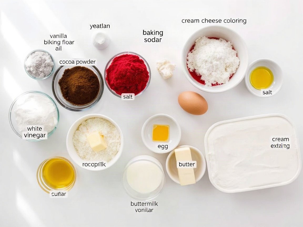 Ingredients for 6 Inch Red Velvet Cake for Two (One Layer, Cream Cheese Frosting): all-purpose flour, cocoa powder, baking soda, salt, butter, oil, sugar, egg, vanilla extract, white vinegar, red food coloring, buttermilk, cream cheese, butter (frosting), powdered sugar, vanilla (frosting) and salt (frosting)