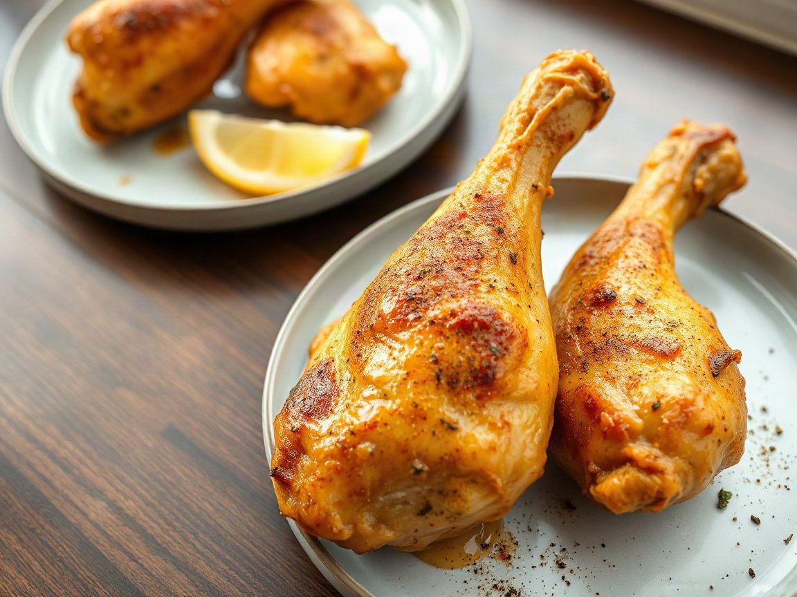 Air Fryer Chicken Drumsticks for Two (Crispy Smoky Rub) 5 Air Fryer Chicken Drumsticks plated as two servings, close-up