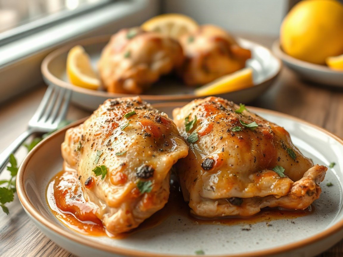 Air Fryer Chicken Thighs for Two (Crispy Skin, Juicy Meat) 5 Air Fryer Chicken Thighs plated as two servings, close-up