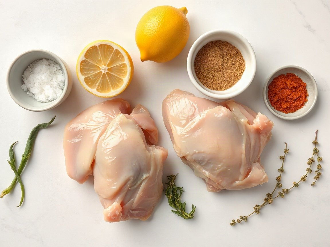 Air Fryer Chicken Thighs for Two (Crispy Skin, Juicy Meat) 4 Ingredients for Air Fryer Chicken Thighs: chicken thighs, lemon, kosher salt, black pepper, garlic powder, onion powder, smoked paprika and oregano