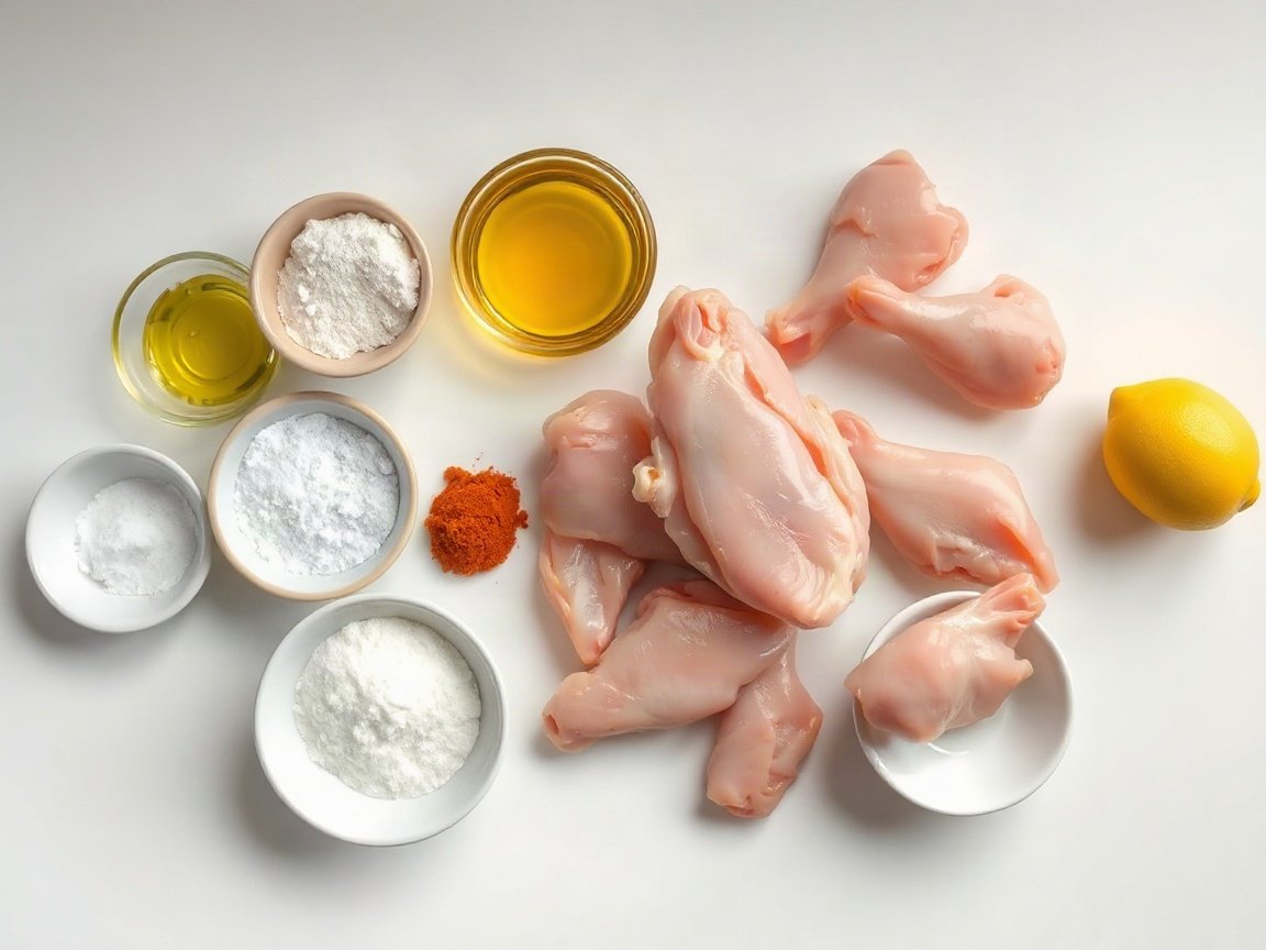Ingredients for Air Fryer Chicken Wings: chicken wings, olive oil, baking powder, salt, garlic powder, paprika, onion powder, black pepper and lemon