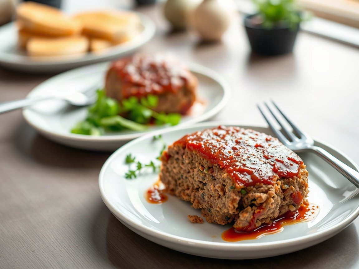 Air Fryer Mini Meatloaf for Two (Glazed, Ready in 35 Minutes) 5 Air Fryer Mini Meatloaf plated as two servings, close-up