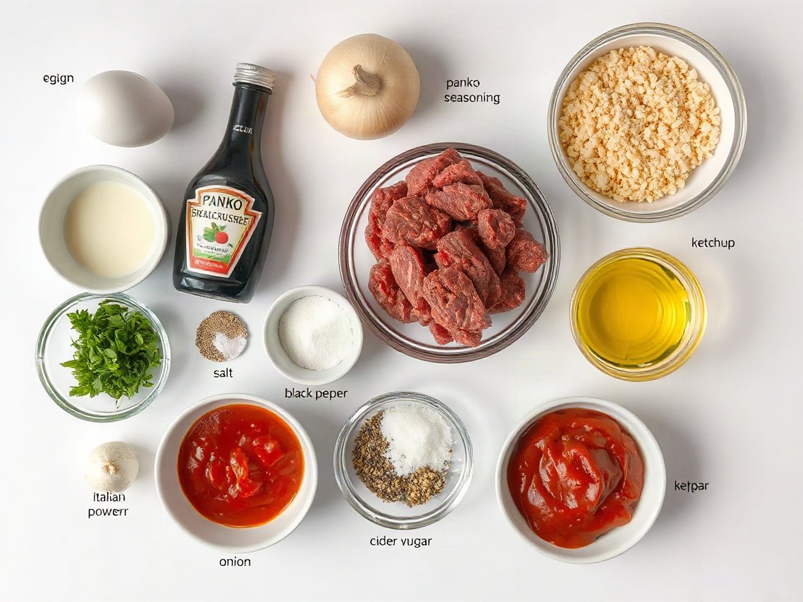 Air Fryer Mini Meatloaf for Two (Glazed, Ready in 35 Minutes) 4 Ingredients for Air Fryer Mini Meatloaf: egg, milk, panko breadcrumbs, onion, Worcestershire sauce, garlic powder, Italian seasoning, salt, black pepper, ground beef, ketchup, brown sugar and cider vinegar