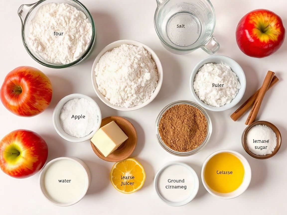 Ingredients for Apple Pie for Two (Mini Double-Crust Ramekin Pies): all-purpose flour, granulated sugar, salt, cold unsalted butter, ice water, apples, light brown sugar, cornstarch, ground cinnamon, ground nutmeg, lemon juice, unsalted butter, milk and coarse sugar