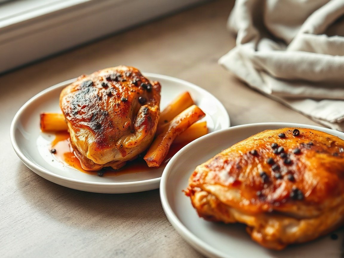 Baked Boneless Skinless Chicken Thighs plated as two servings, close-up