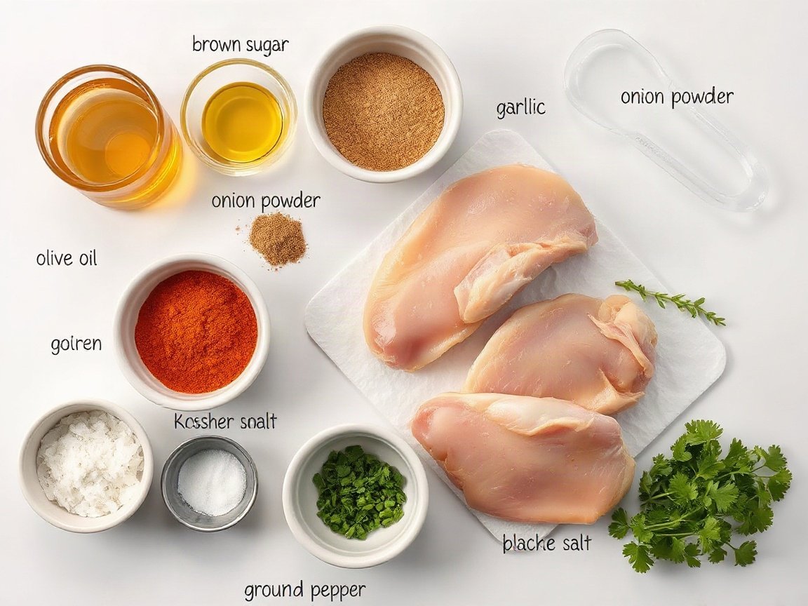 Ingredients for Baked Boneless Skinless Chicken Thighs: chicken thighs, olive oil, brown sugar, garlic powder, onion powder, smoked paprika, kosher salt, ground cumin, black pepper and parsley