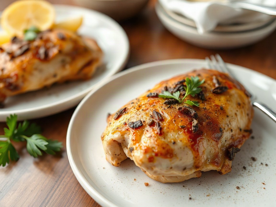 Baked Chicken Breast plated as two servings, close-up