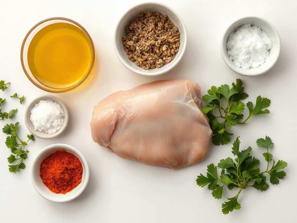 Ingredients for Baked Chicken Breast: chicken breast, olive oil, brown sugar, paprika, dried oregano, garlic powder, kosher salt, black pepper and parsley