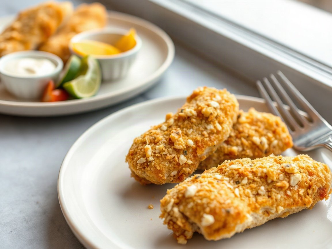 Baked Chicken Fingers for Two (Crispy, Easy, No Frying) 5 Baked Chicken Fingers plated as two servings, close-up