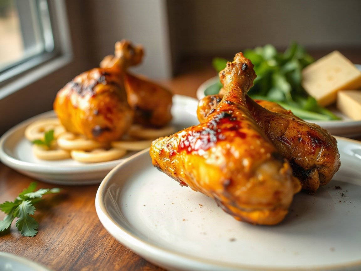 Baked Chicken Legs for Two (Crispy Skin, Easy Pantry Rub) 5 Baked Chicken Legs plated as two servings, close-up