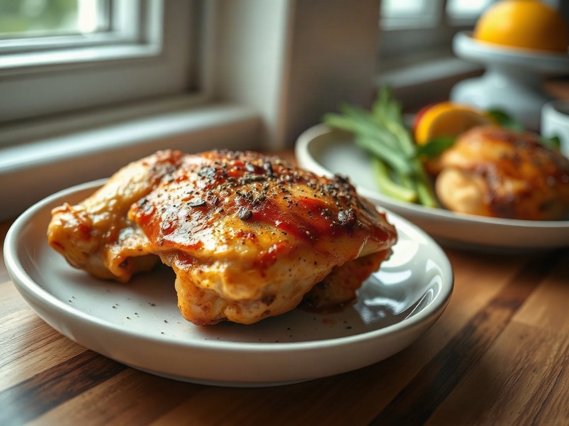 Baked Chicken Thighs plated as two servings, close-up