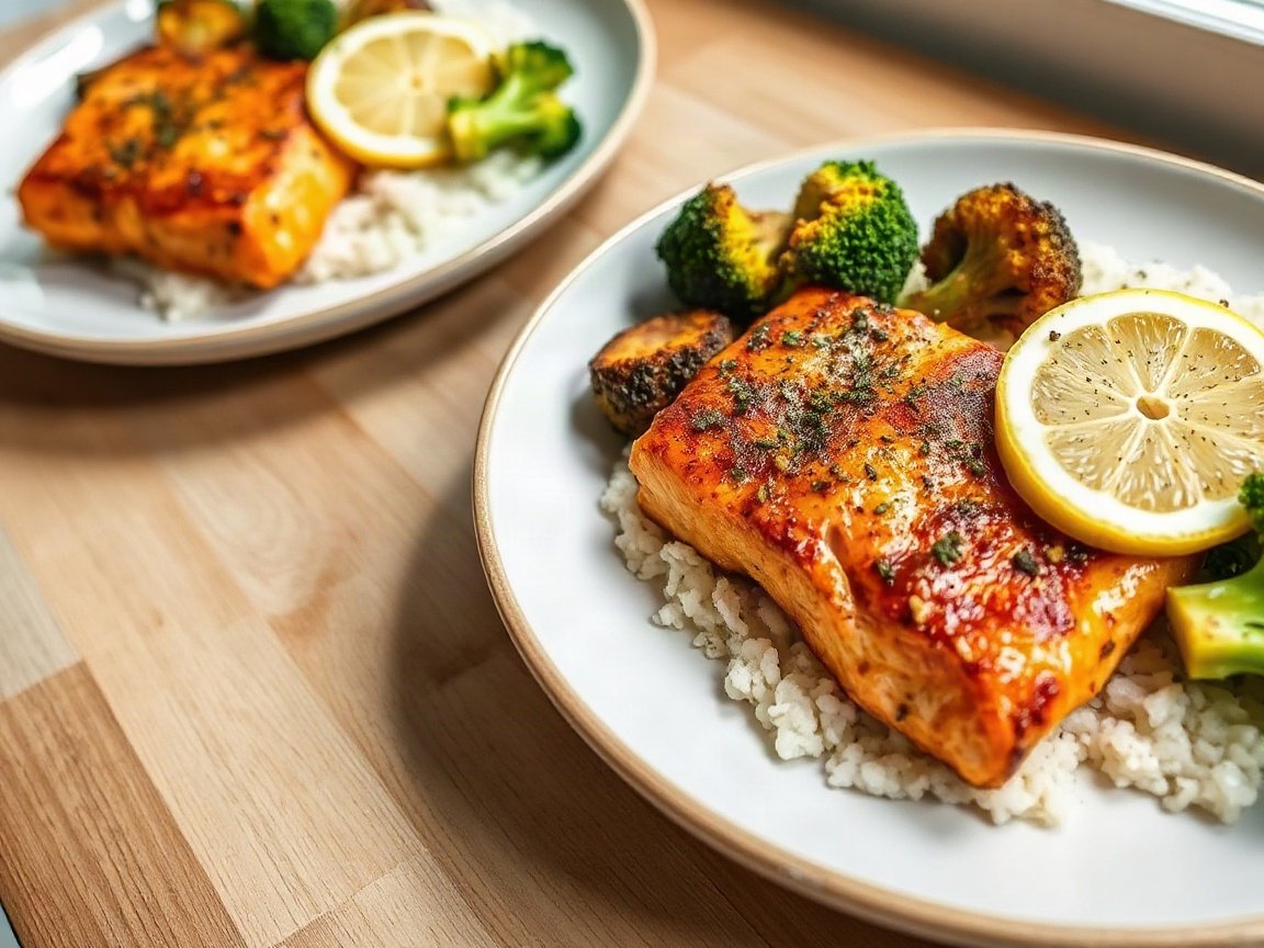 Baked Salmon Meal Prep for Two (Sheet Pan Salmon, Sweet Potato and Broccoli) 5 Baked Salmon Meal Prep for Two (Sheet Pan Salmon, Sweet Potato and Broccoli) plated as two servings, close-up