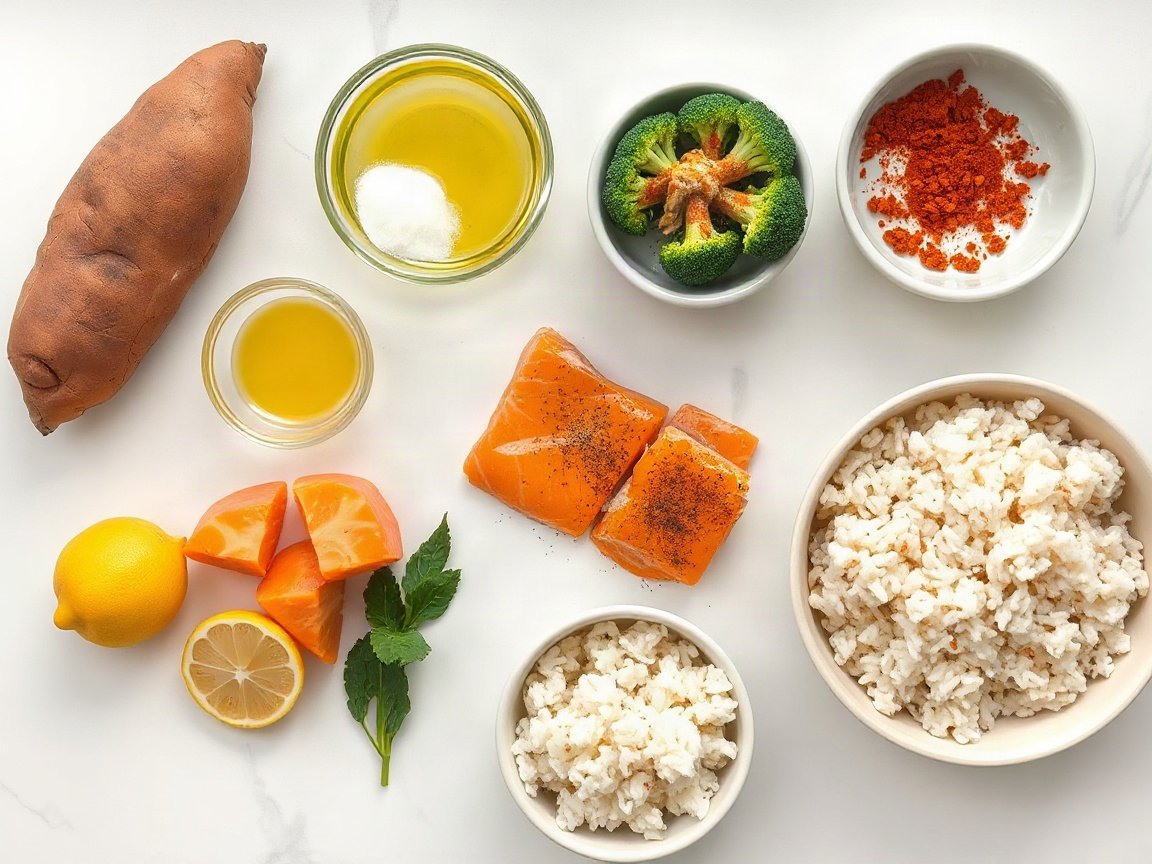 Baked Salmon Meal Prep for Two (Sheet Pan Salmon, Sweet Potato and Broccoli) 4 Ingredients for Baked Salmon Meal Prep for Two (Sheet Pan Salmon, Sweet Potato and Broccoli): sweet potato, olive oil, garlic powder, smoked paprika, salt, black pepper, salmon fillets, lemon, broccoli florets and cooked rice