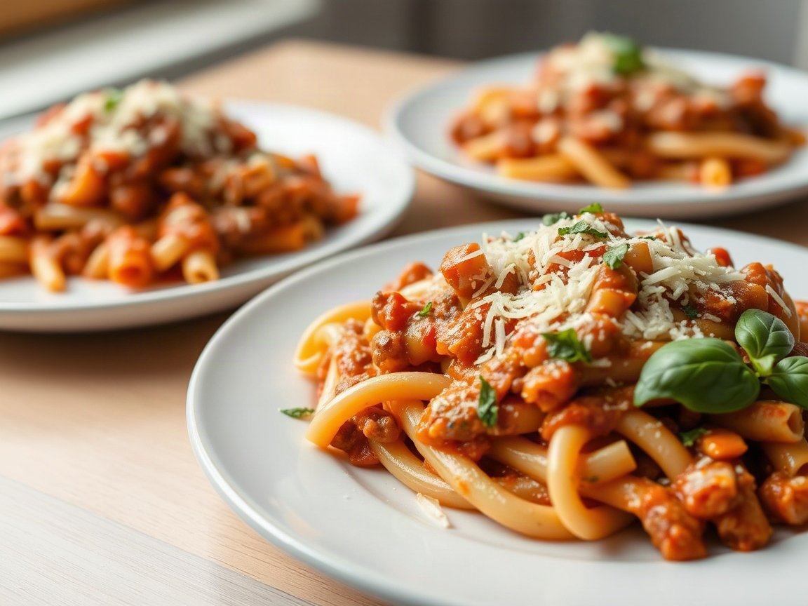 Baked Ziti plated as two servings, close-up
