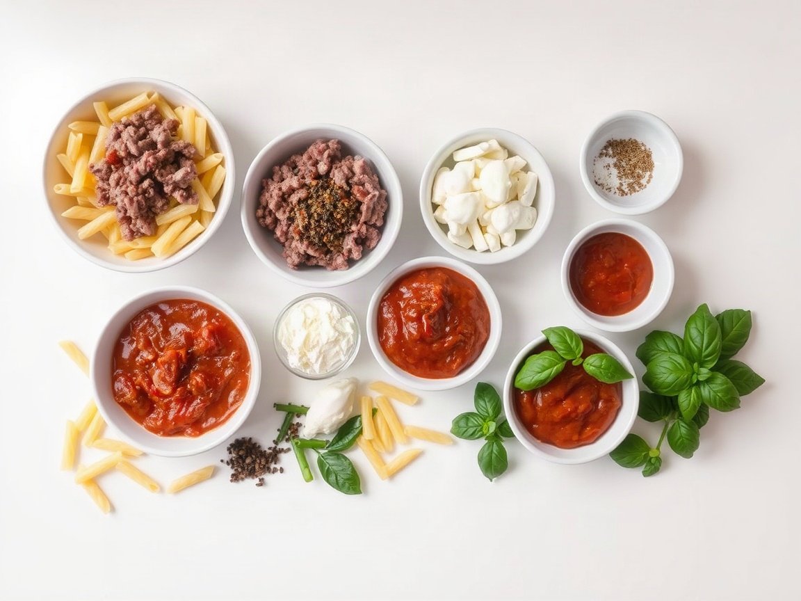 Ingredients for Baked Ziti: ziti, olive oil, ground beef, garlic, Italian seasoning, kosher salt, black pepper, red pepper flakes, marinara sauce, ricotta, mozzarella, Parmesan and basil