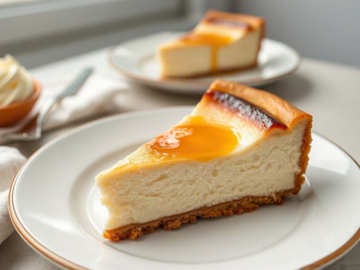 Basque Cheesecake plated as two servings, close-up