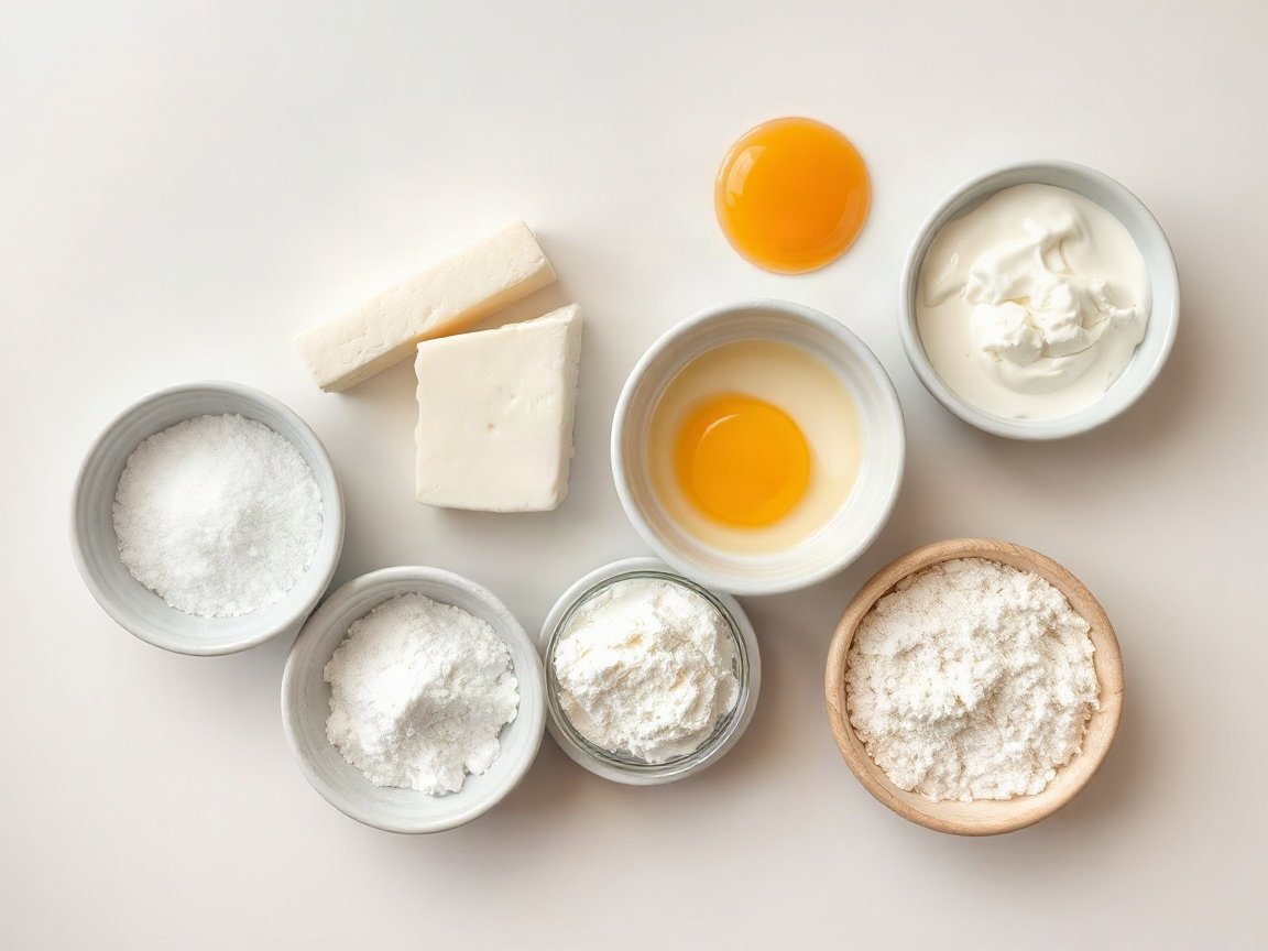 Ingredients for Basque Cheesecake: cream cheese, granulated sugar, salt, eggs, heavy cream and all-purpose flour