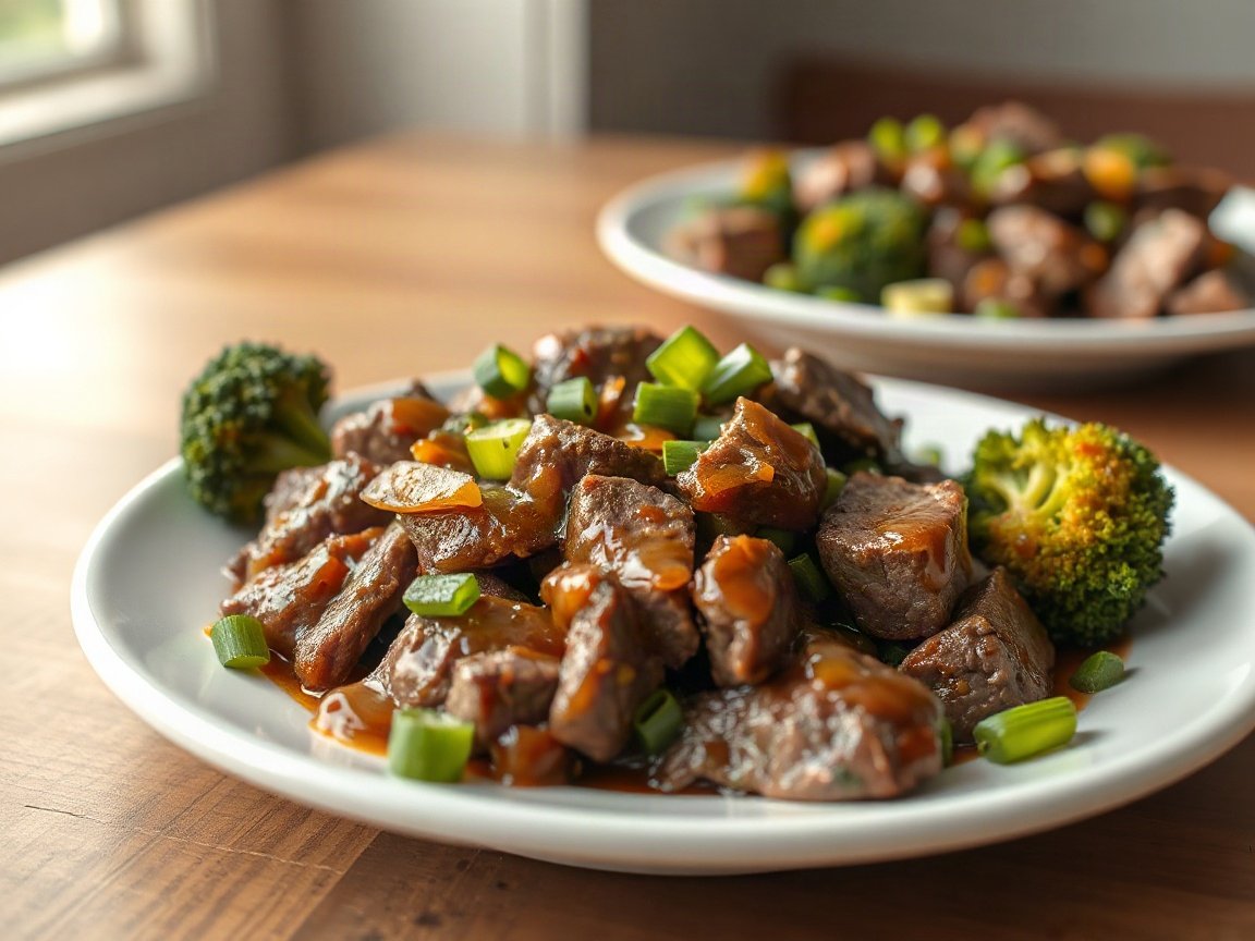 Beef and Broccoli Freezer Meal for Two (Make-Ahead Stir-Fry Kit) 5 Beef and Broccoli Freezer Meal plated as two servings, close-up