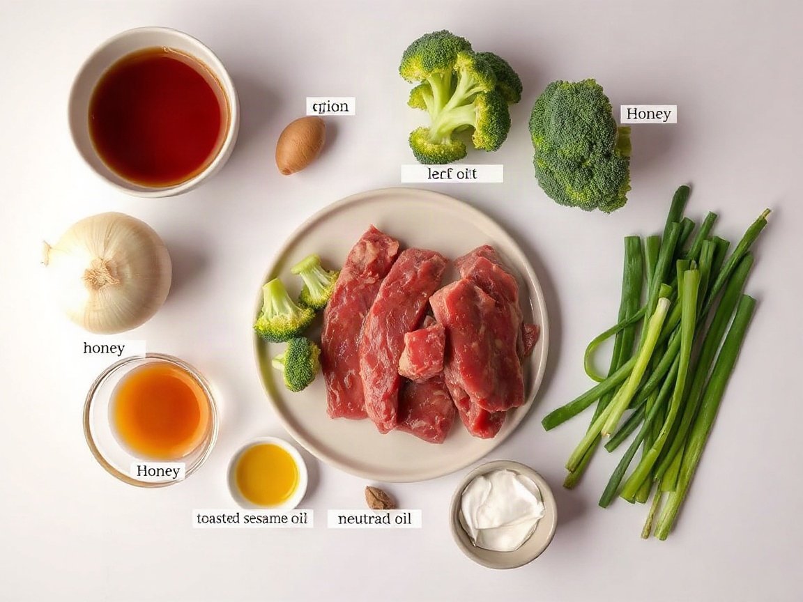 Beef and Broccoli Freezer Meal for Two (Make-Ahead Stir-Fry Kit) 4 Ingredients for Beef and Broccoli Freezer Meal: flank steak, broccoli, onion, soy sauce, beef broth, honey, garlic, ginger, toasted sesame oil, cornstarch, neutral oil and green onions
