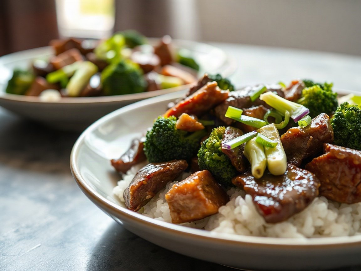 Beef and Broccoli with Leftover Steak (Quick Stir-Fry for Two) 5 Beef and Broccoli with Leftover Steak (Quick Stir-Fry for Two) plated as two servings, close-up