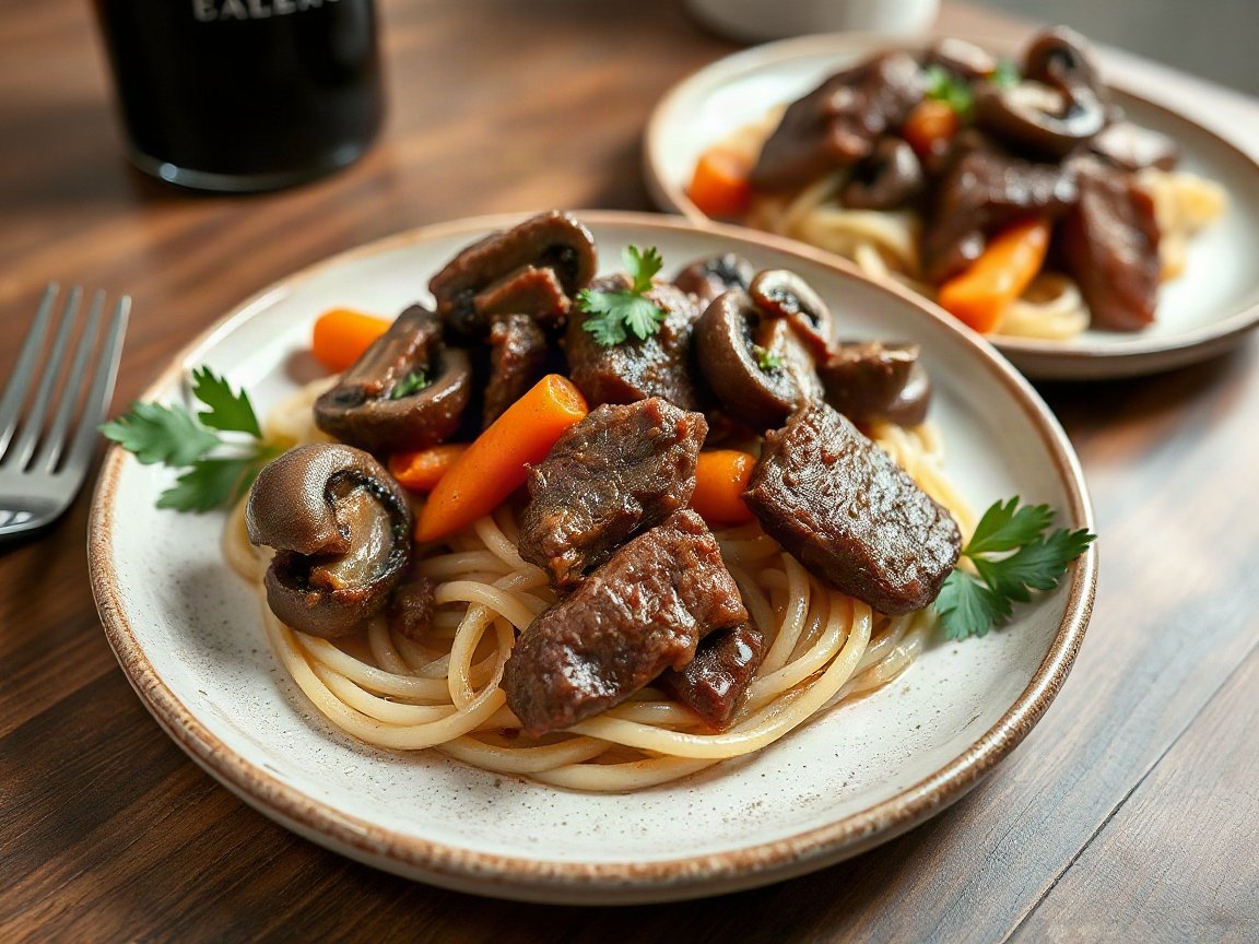Beef Bourguignon for Two (Small-Batch Red Wine Beef Braise) 5 Beef Bourguignon for Two (Small-Batch Red Wine Beef Braise) plated as two servings, close-up