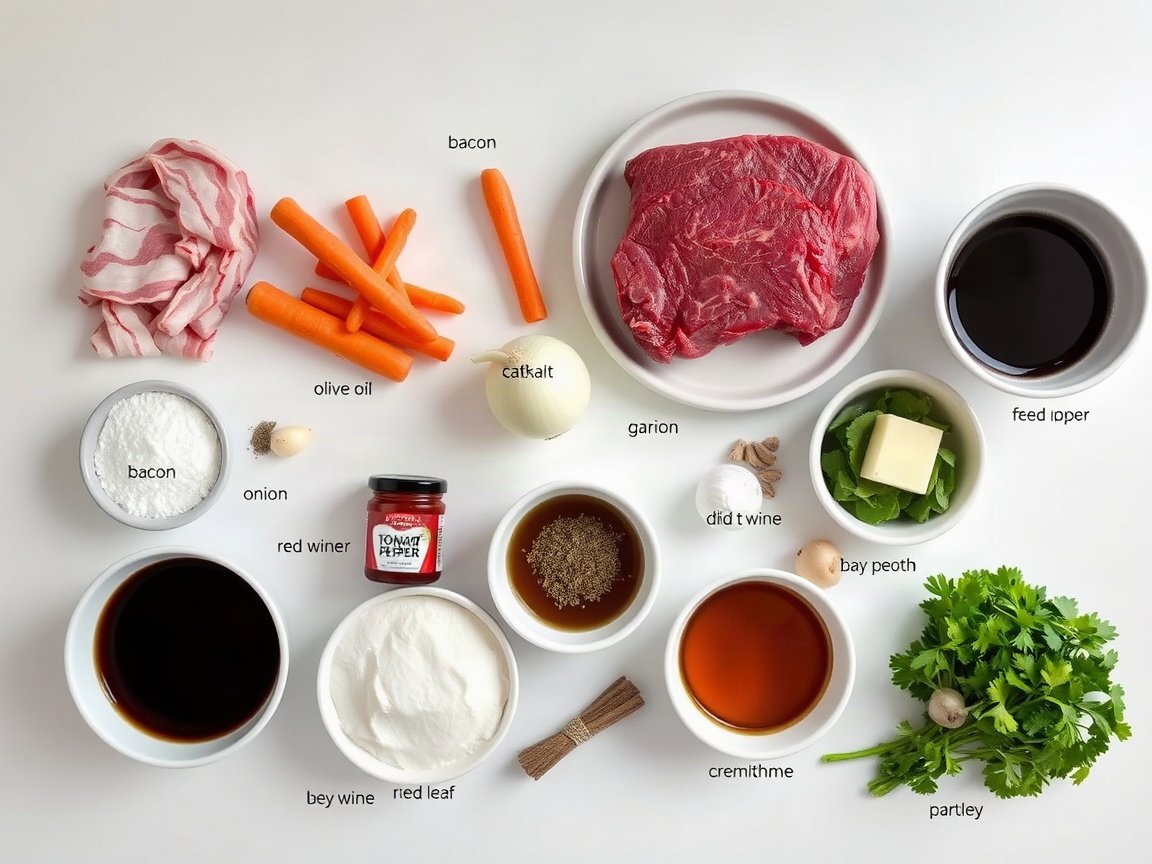 Beef Bourguignon for Two (Small-Batch Red Wine Beef Braise) 4 Ingredients for Beef Bourguignon for Two (Small-Batch Red Wine Beef Braise): bacon, beef chuck, salt, black pepper, olive oil, carrot, onion, garlic, tomato paste, all-purpose flour, red wine, beef broth, dried thyme, bay leaf, butter, cremini mushrooms and parsley