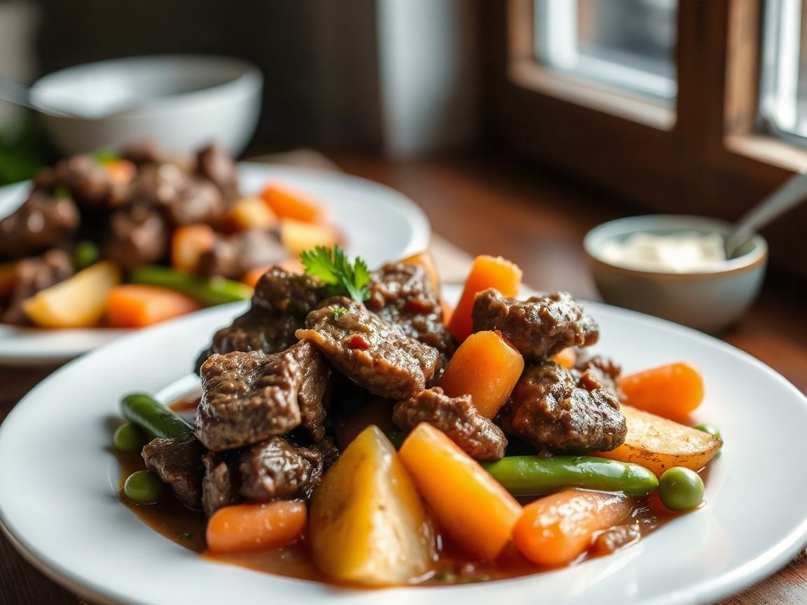 Beef Stew plated as two servings, close-up